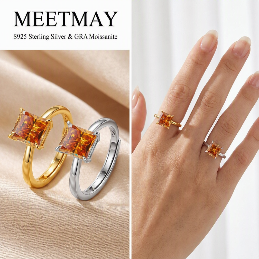 MEETMAY | Colorful Radiant-Cut Moissanite Adjustable Ring – S925 Sterling Silver 18K Gold Plated, GRA Certified
