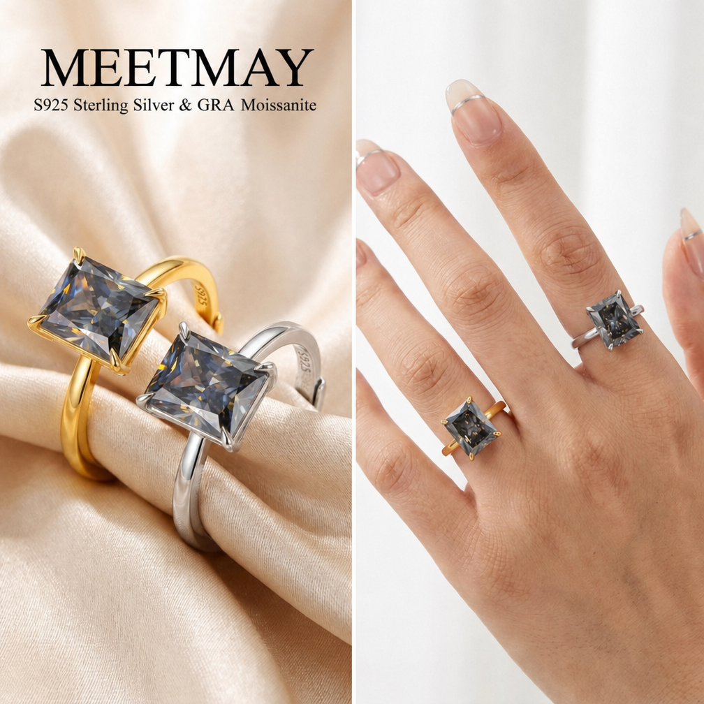 MEETMAY | Colorful Radiant-Cut Moissanite Adjustable Ring – S925 Sterling Silver 18K Gold Plated, GRA Certified