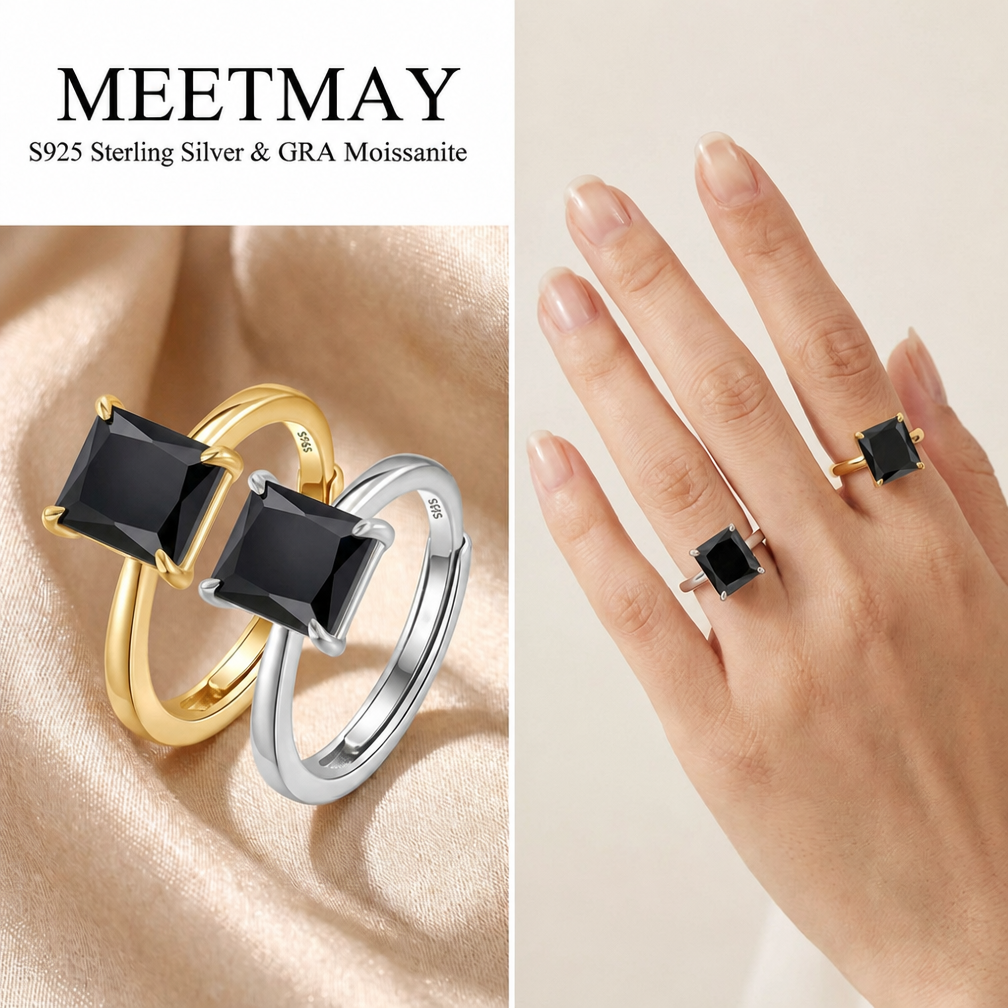 MEETMAY | Colorful Radiant-Cut Moissanite Adjustable Ring – S925 Sterling Silver 18K Gold Plated, GRA Certified
