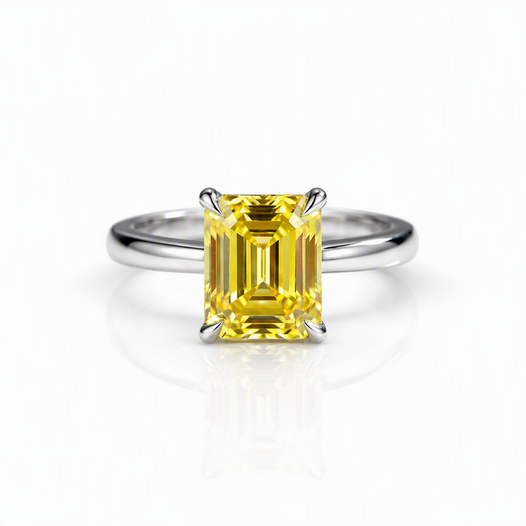MEETMAY | Colorful Emerald-Cut Moissanite Adjustable Ring – S925 Sterling Silver 18K Gold Plated, GRA Certified