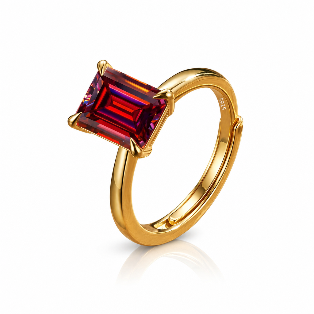 MEETMAY | Colorful Emerald-Cut Moissanite Adjustable Ring – S925 Sterling Silver 18K Gold Plated, GRA Certified