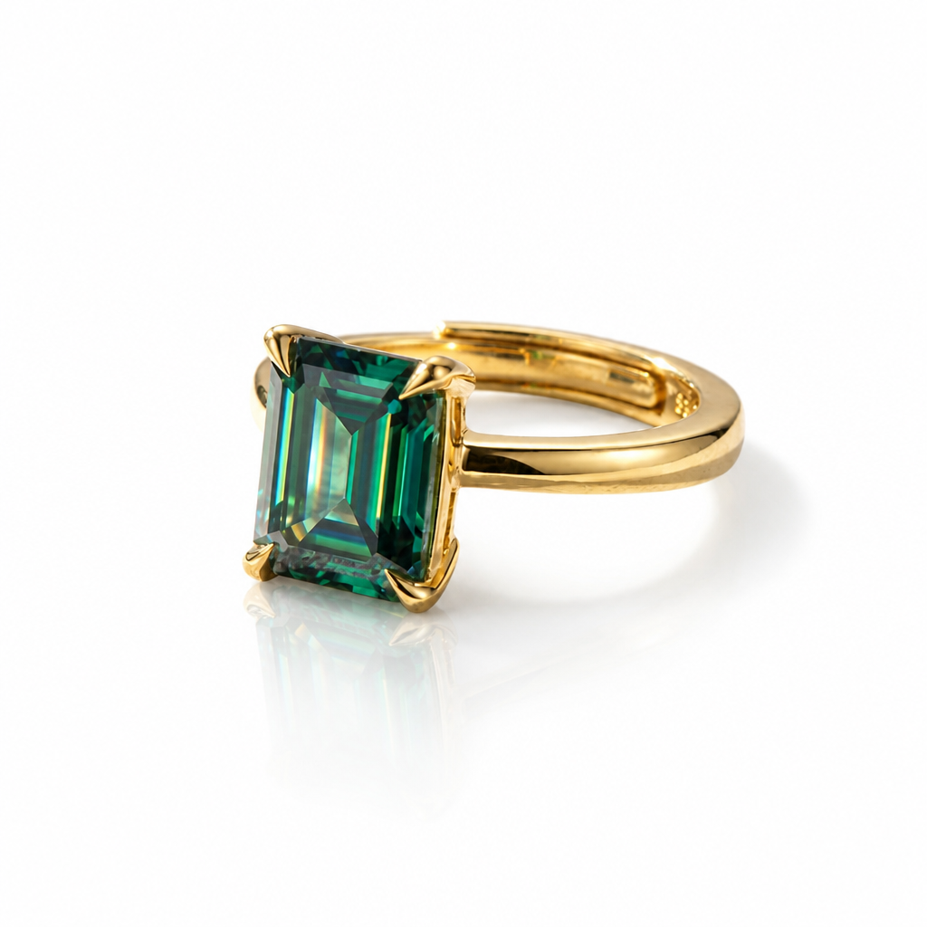 MEETMAY | Colorful Emerald-Cut Moissanite Adjustable Ring – S925 Sterling Silver 18K Gold Plated, GRA Certified