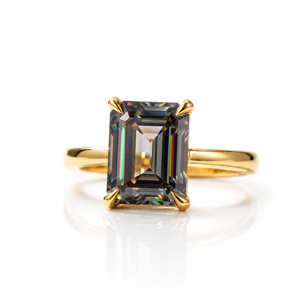 MEETMAY | Colorful Emerald-Cut Moissanite Adjustable Ring – S925 Sterling Silver 18K Gold Plated, GRA Certified