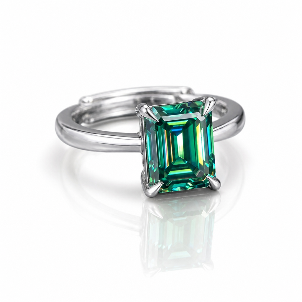 MEETMAY | Colorful Emerald-Cut Moissanite Adjustable Ring – S925 Sterling Silver 18K Gold Plated, GRA Certified