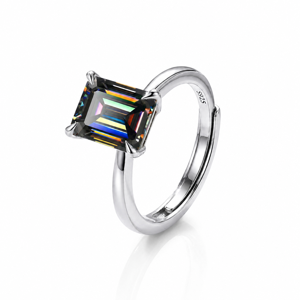 MEETMAY | Colorful Emerald-Cut Moissanite Adjustable Ring – S925 Sterling Silver 18K Gold Plated, GRA Certified