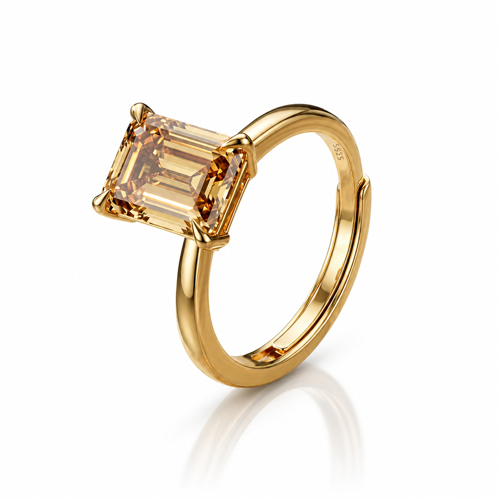 MEETMAY | Colorful Emerald-Cut Moissanite Adjustable Ring – S925 Sterling Silver 18K Gold Plated, GRA Certified