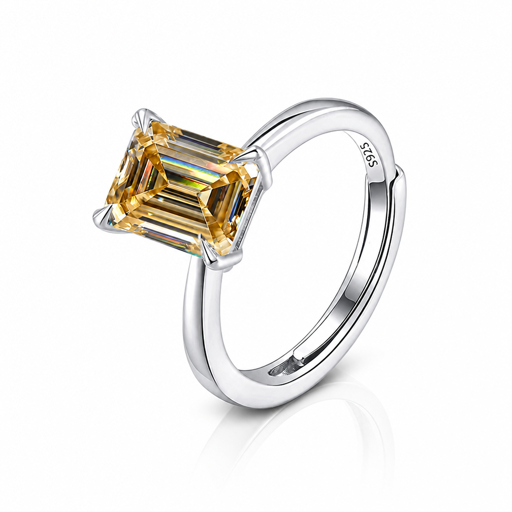 MEETMAY | Colorful Emerald-Cut Moissanite Adjustable Ring – S925 Sterling Silver 18K Gold Plated, GRA Certified