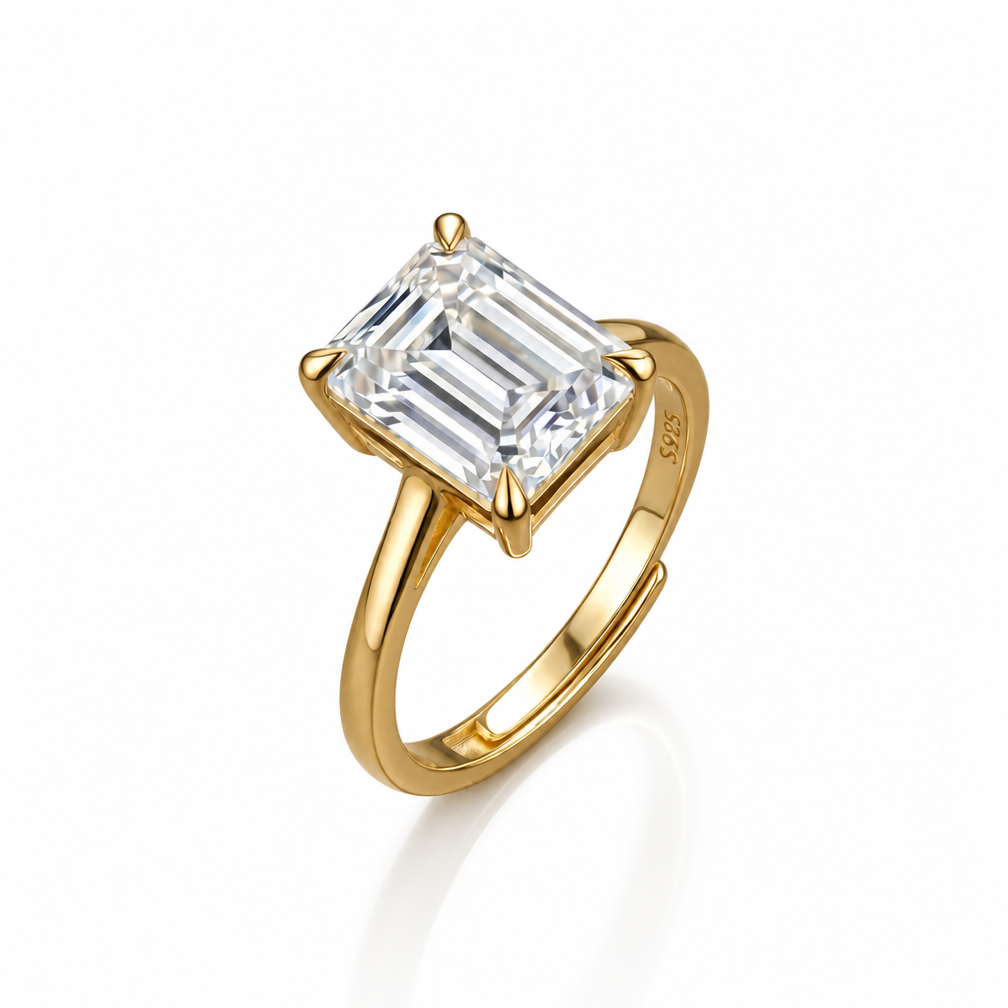 MEETMAY | Emerald-Cut Moissanite Adjustable Ring – S925 Sterling Silver 18K Gold Plated, D-Color