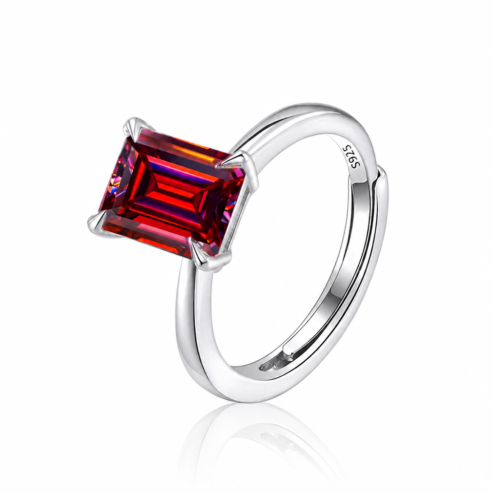 MEETMAY | Colorful Emerald-Cut Moissanite Adjustable Ring – S925 Sterling Silver 18K Gold Plated, GRA Certified
