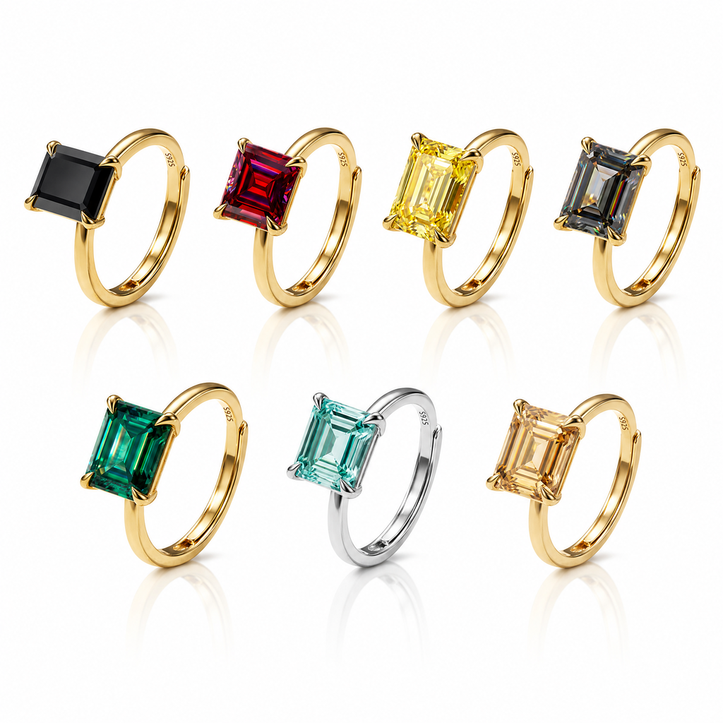 MEETMAY | Colorful Emerald-Cut Moissanite Adjustable Ring – S925 Sterling Silver 18K Gold Plated, GRA Certified