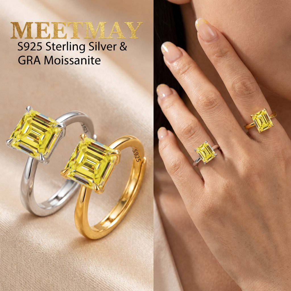 MEETMAY | Colorful Emerald-Cut Moissanite Adjustable Ring – S925 Sterling Silver 18K Gold Plated, GRA Certified