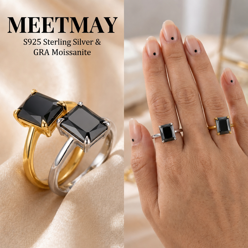 MEETMAY | Colorful Emerald-Cut Moissanite Adjustable Ring – S925 Sterling Silver 18K Gold Plated, GRA Certified