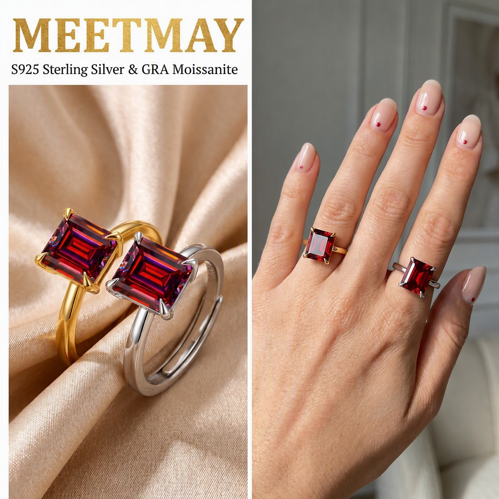 MEETMAY | Colorful Emerald-Cut Moissanite Adjustable Ring – S925 Sterling Silver 18K Gold Plated, GRA Certified