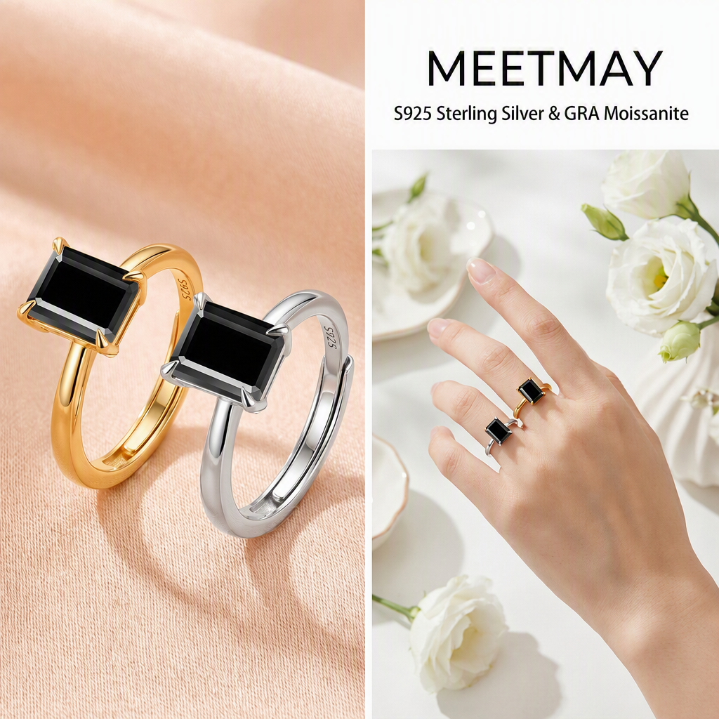 MEETMAY | Colorful Emerald-Cut Moissanite Adjustable Ring – S925 Sterling Silver 18K Gold Plated, GRA Certified
