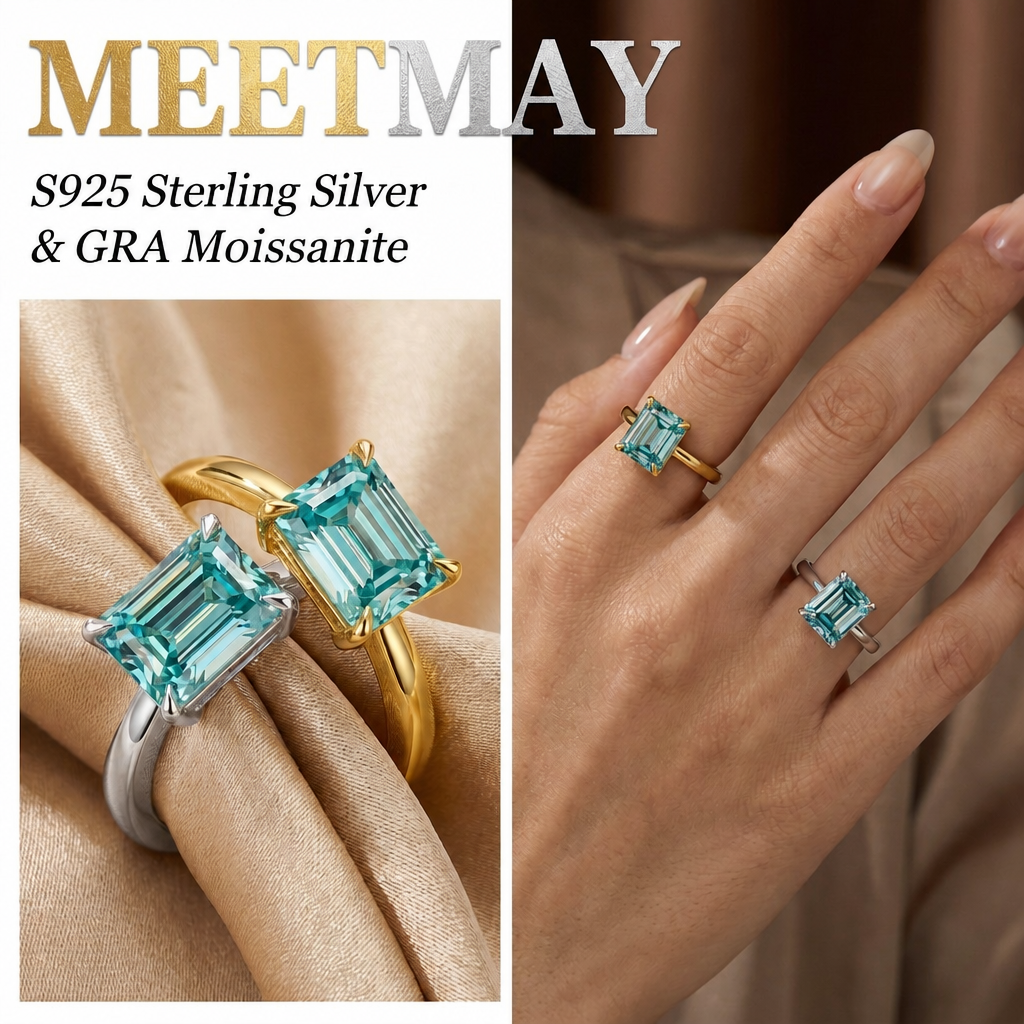 MEETMAY | Colorful Emerald-Cut Moissanite Adjustable Ring – S925 Sterling Silver 18K Gold Plated, GRA Certified