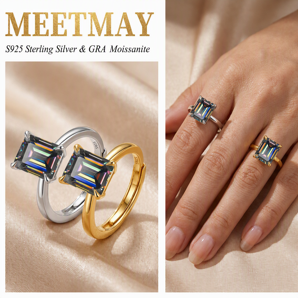 MEETMAY | Colorful Emerald-Cut Moissanite Adjustable Ring – S925 Sterling Silver 18K Gold Plated, GRA Certified