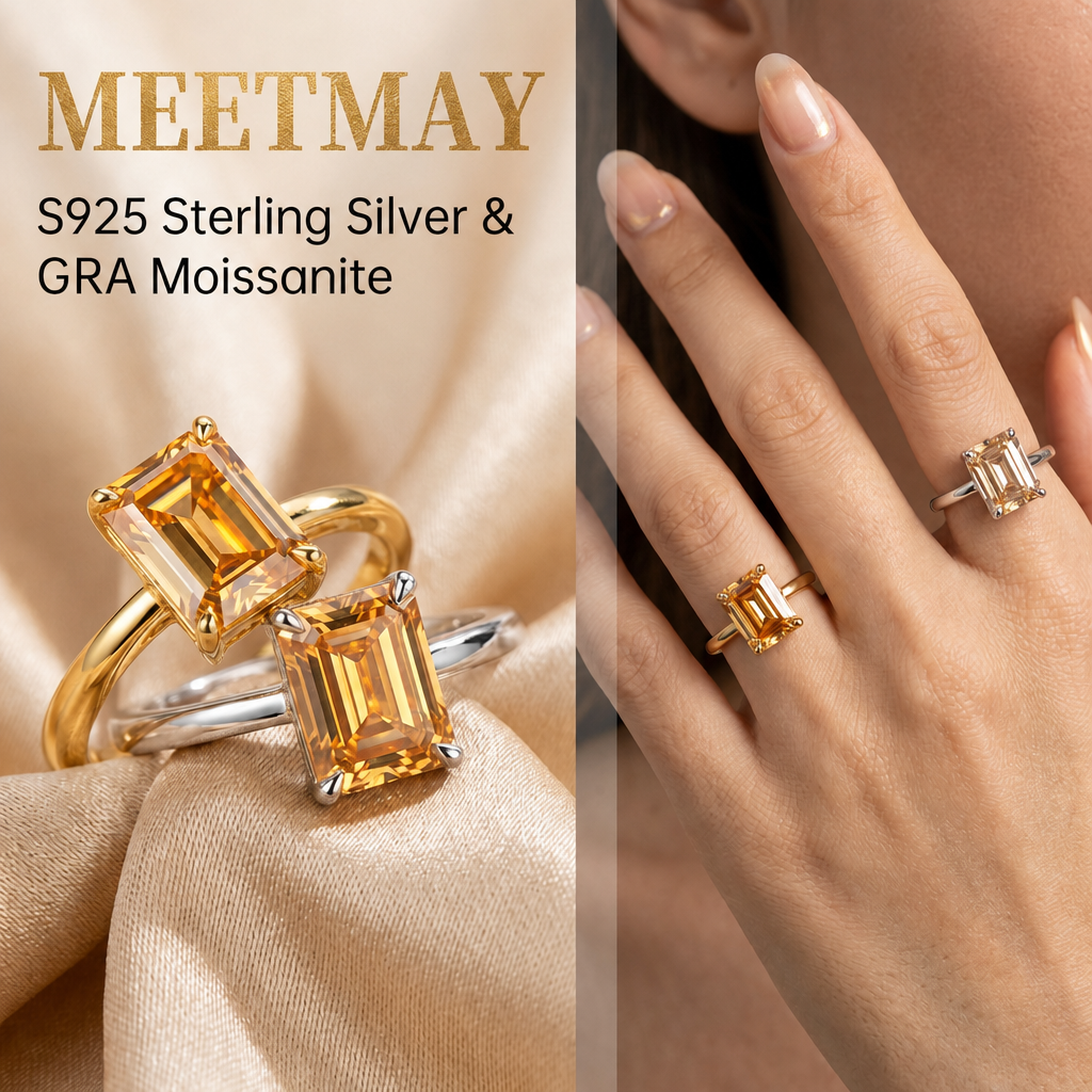 MEETMAY | Colorful Emerald-Cut Moissanite Adjustable Ring – S925 Sterling Silver 18K Gold Plated, GRA Certified