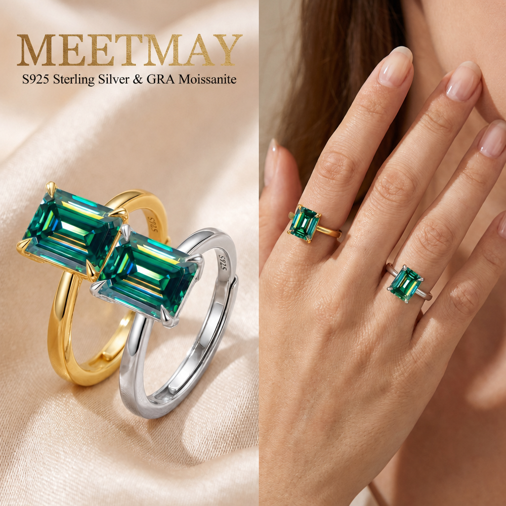 MEETMAY | Colorful Emerald-Cut Moissanite Adjustable Ring – S925 Sterling Silver 18K Gold Plated, GRA Certified