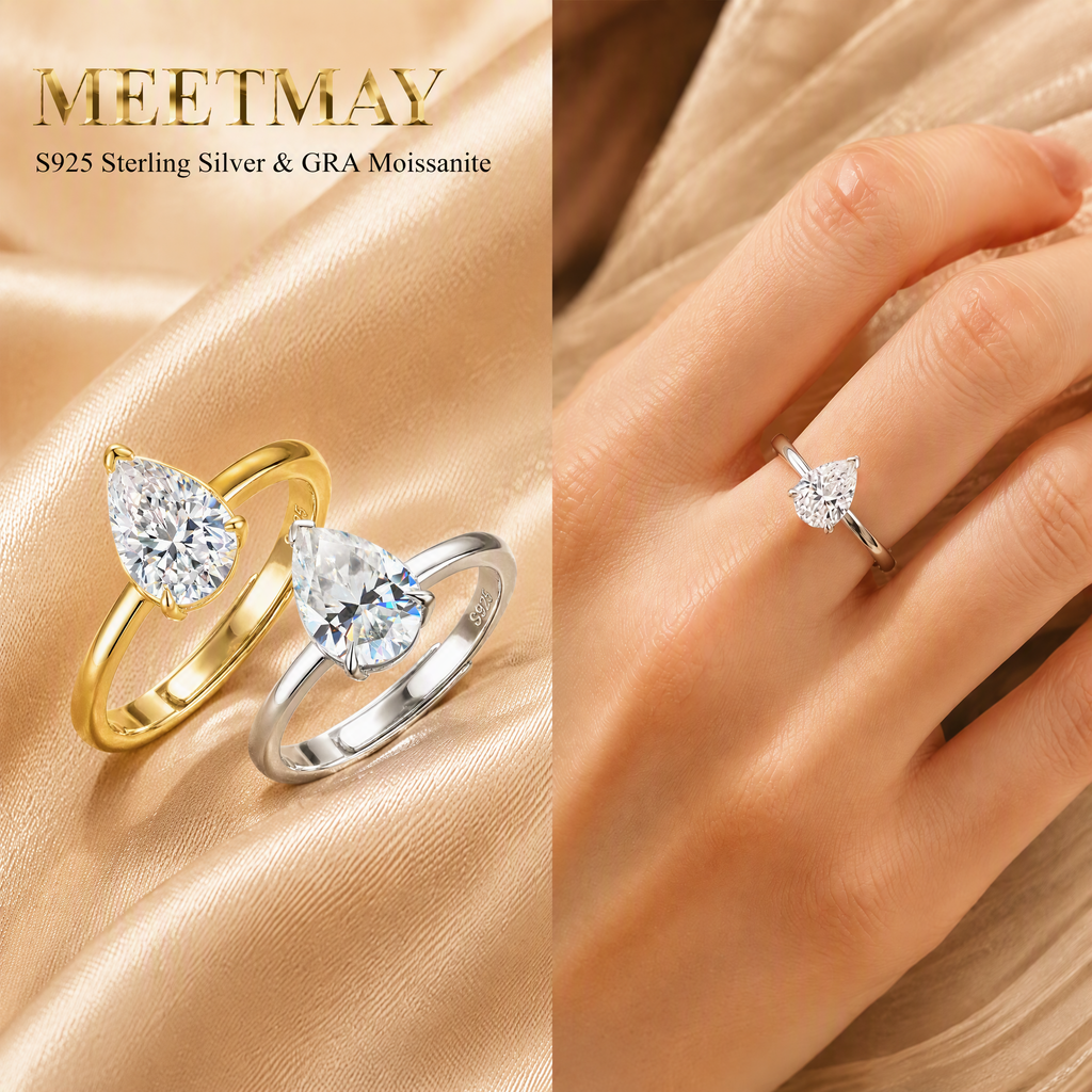 MEETMAY | Pear-Cut Moissanite Adjustable Ring – S925 Sterling Silver 18K Gold Plated, D-Color