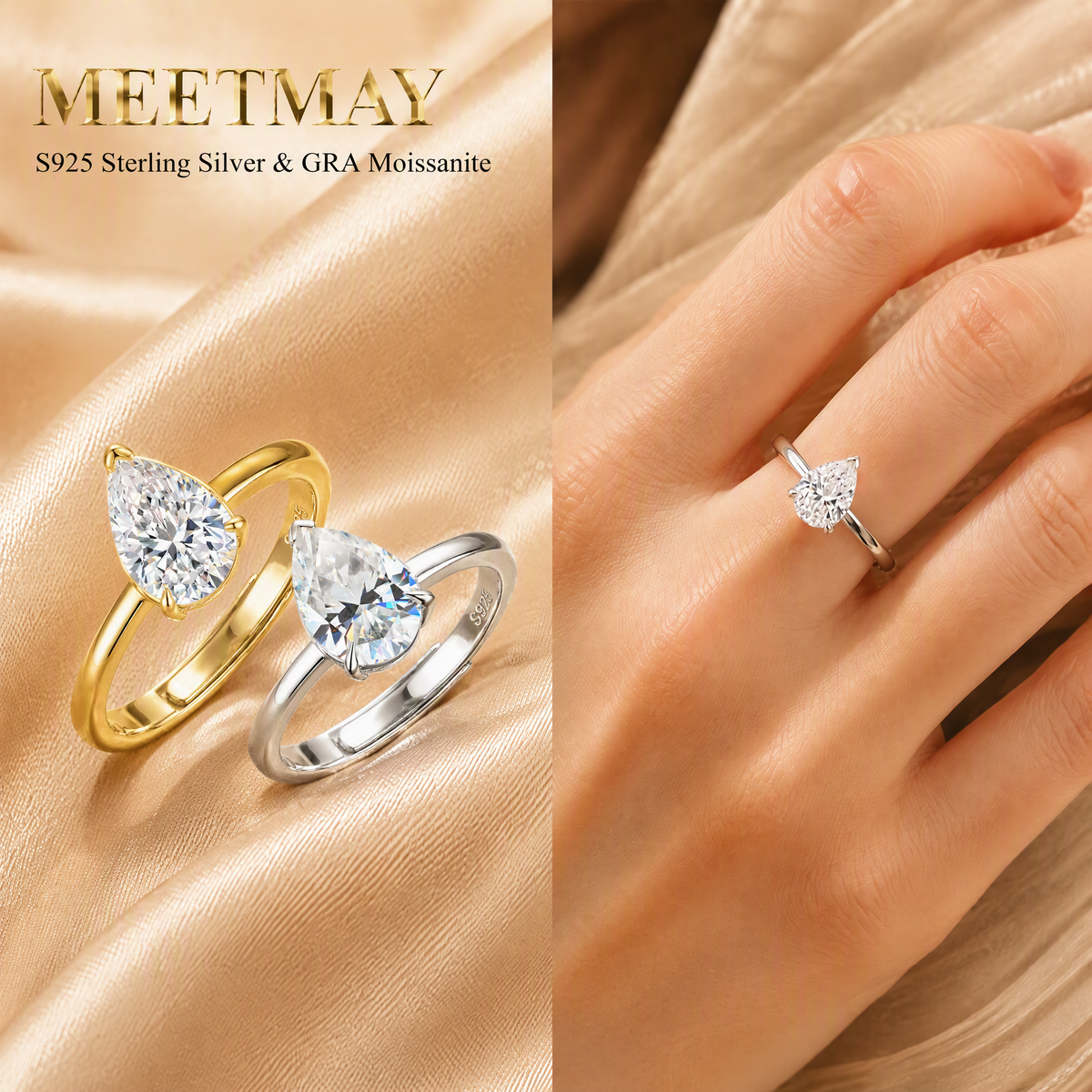 MEETMAY | Pear-Cut Moissanite Adjustable Ring – S925 Sterling Silver 18K Gold Plated, D-Color