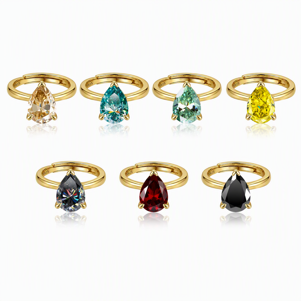 MEETMAY | Colorful Pear-Cut Moissanite Adjustable Ring – S925 Sterling Silver 18K Gold Plated, GRA Certified