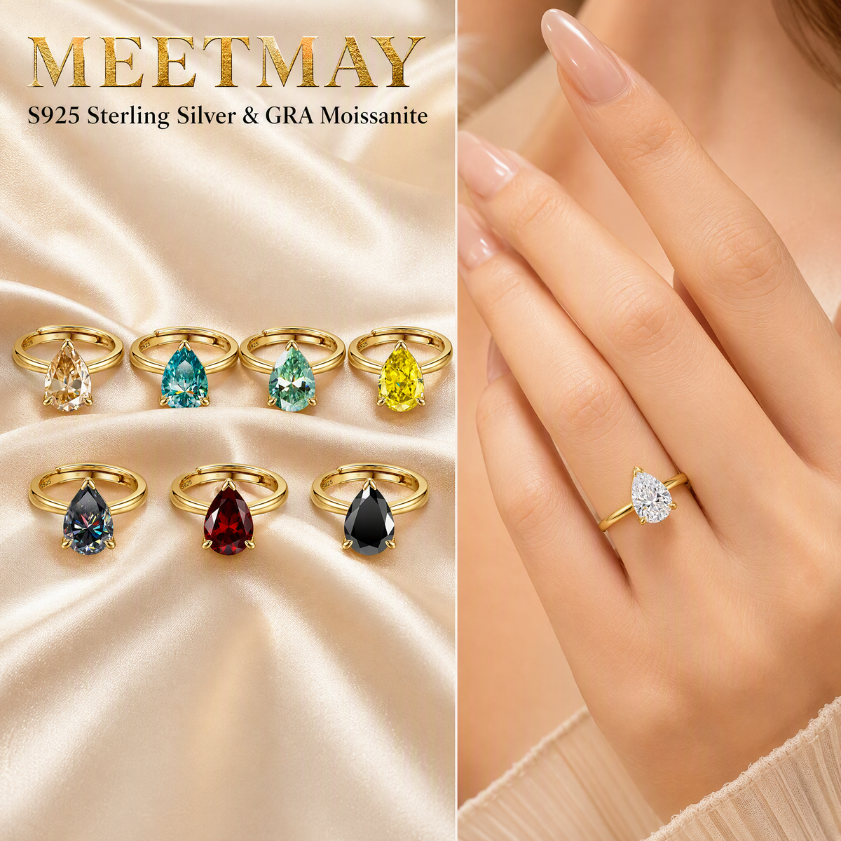 MEETMAY | Colorful Pear-Cut Moissanite Adjustable Ring – S925 Sterling Silver 18K Gold Plated, GRA Certified