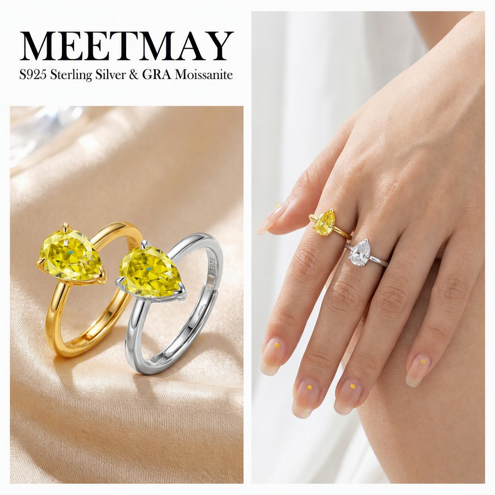 MEETMAY | Colorful Pear-Cut Moissanite Adjustable Ring – S925 Sterling Silver 18K Gold Plated, GRA Certified