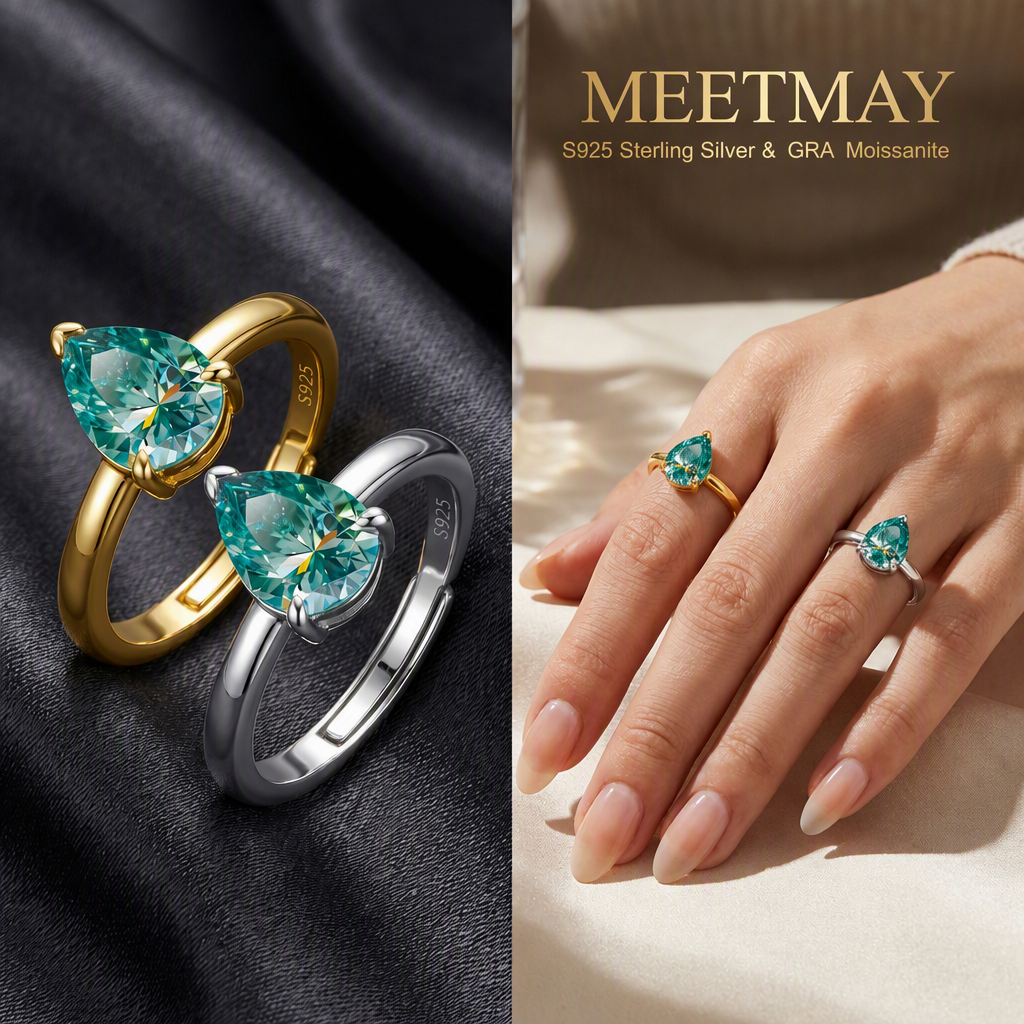 MEETMAY | Colorful Pear-Cut Moissanite Adjustable Ring – S925 Sterling Silver 18K Gold Plated, GRA Certified