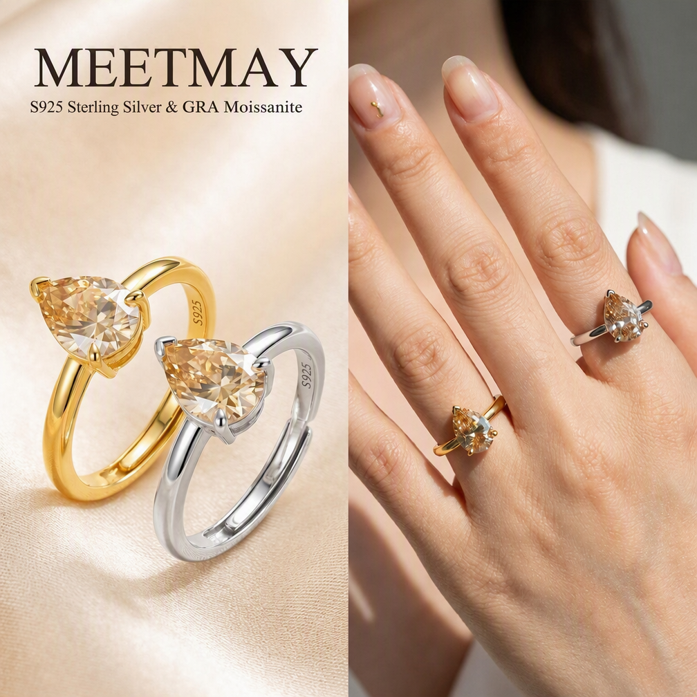 MEETMAY | Colorful Pear-Cut Moissanite Adjustable Ring – S925 Sterling Silver 18K Gold Plated, GRA Certified