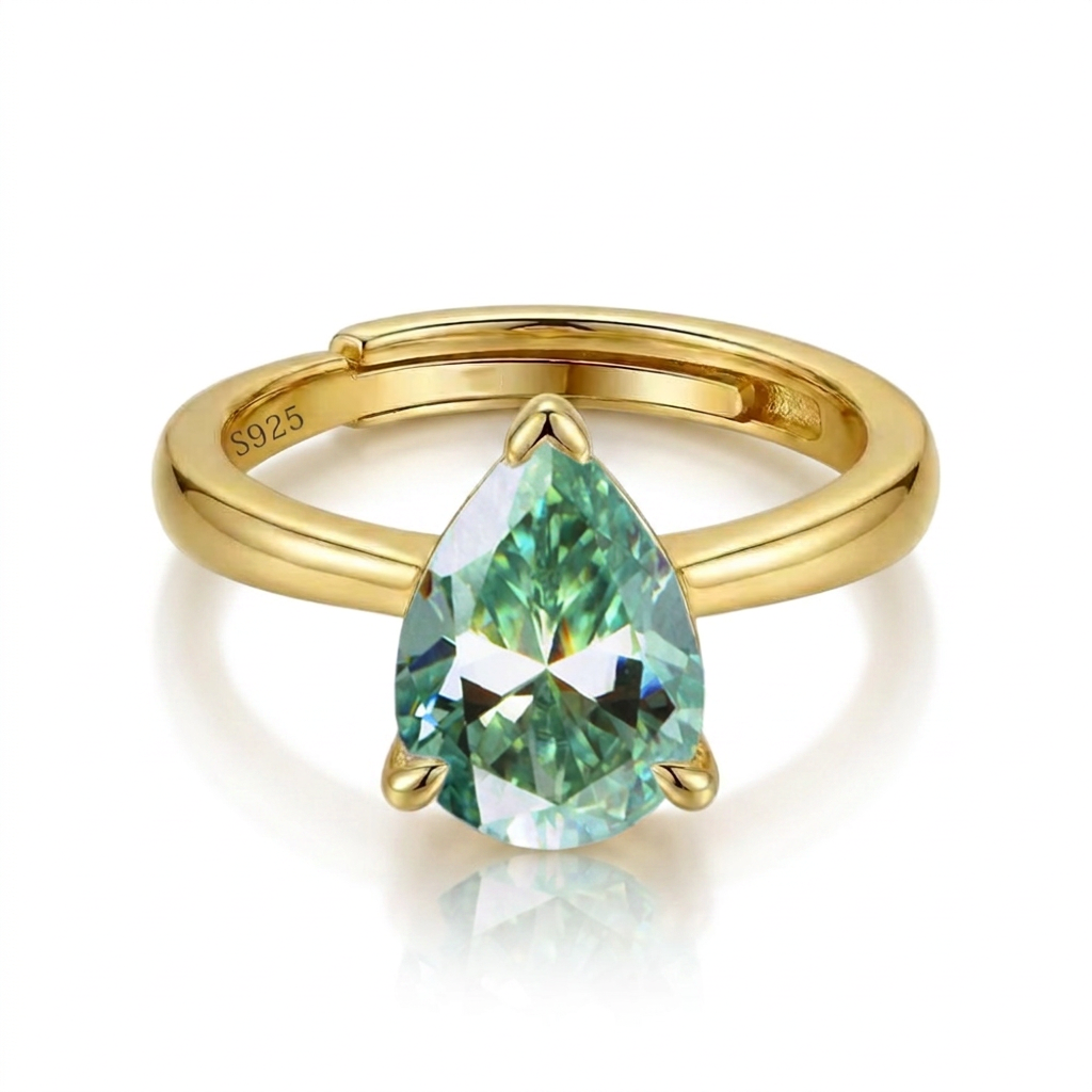 MEETMAY | Colorful Pear-Cut Moissanite Adjustable Ring – S925 Sterling Silver 18K Gold Plated, GRA Certified