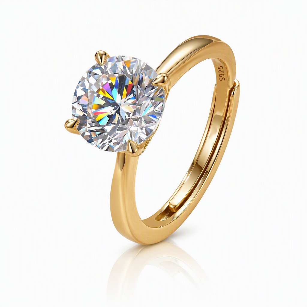 MEETMAY | Round-Cut Moissanite Adjustable Ring – S925 Sterling Silver 18K Gold Plated, D-Color