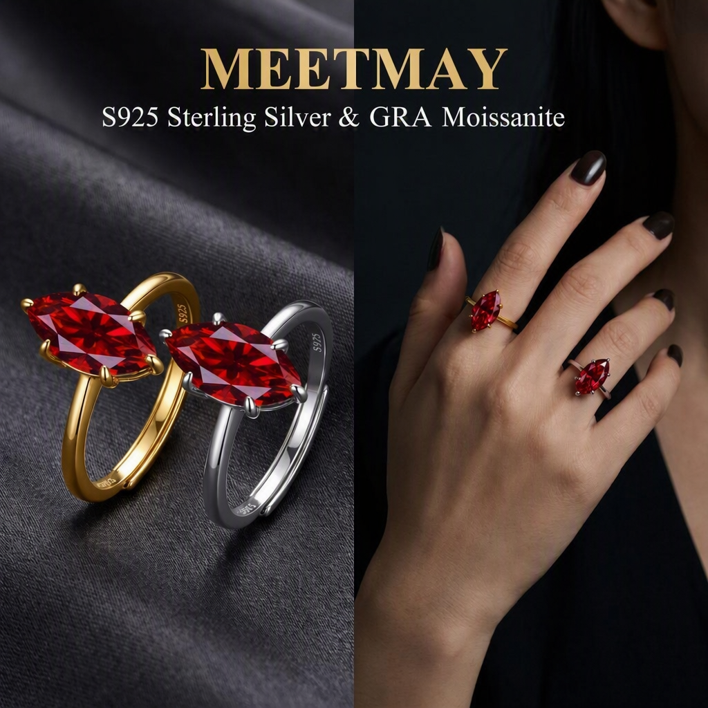 MEETMAY | Colorful Marquise-Cut Moissanite Adjustable Ring – S925 Sterling Silver 18K Gold Plated, GRA Certified