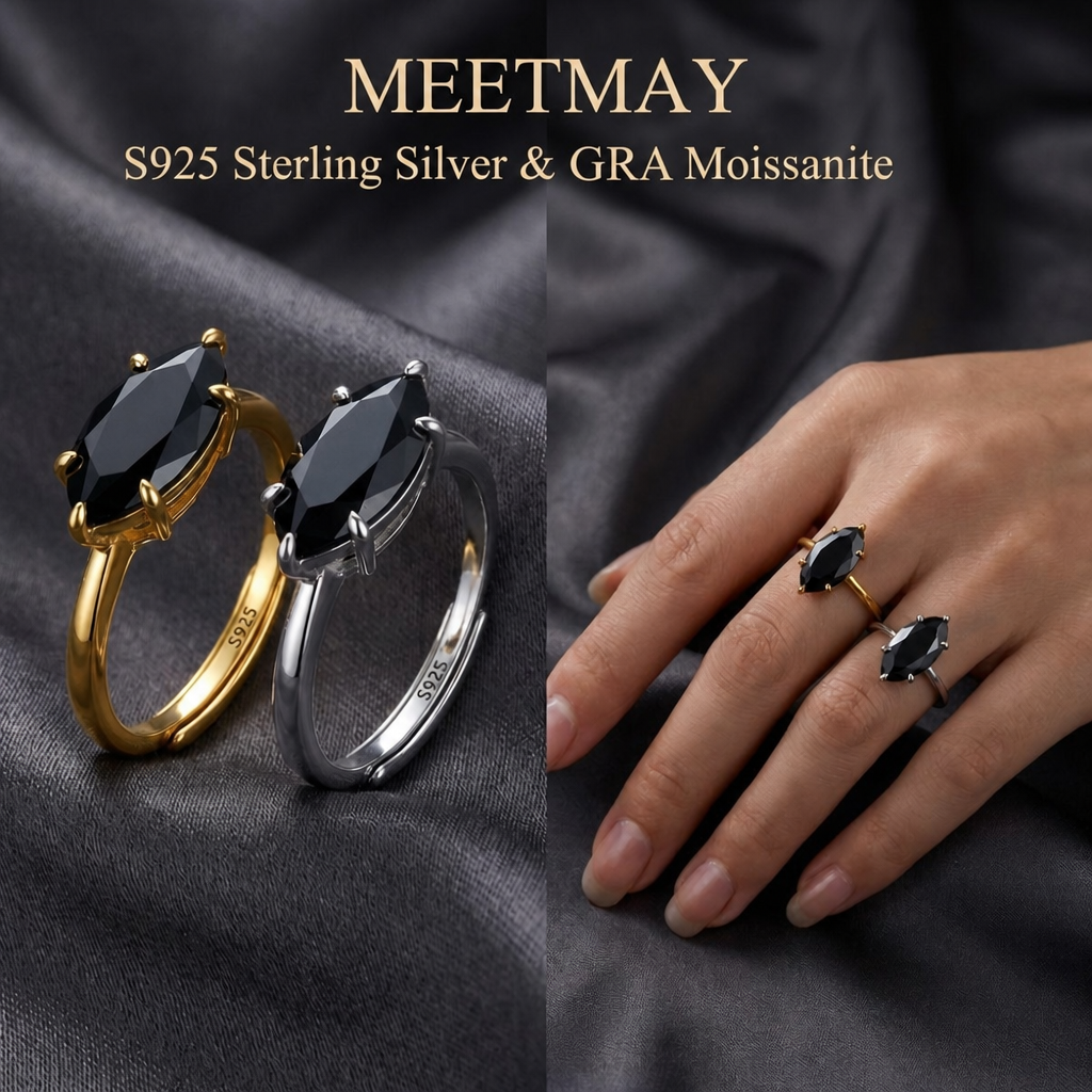 MEETMAY | Colorful Marquise-Cut Moissanite Adjustable Ring – S925 Sterling Silver 18K Gold Plated, GRA Certified