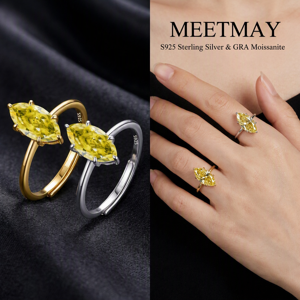 MEETMAY | Colorful Marquise-Cut Moissanite Adjustable Ring – S925 Sterling Silver 18K Gold Plated, GRA Certified