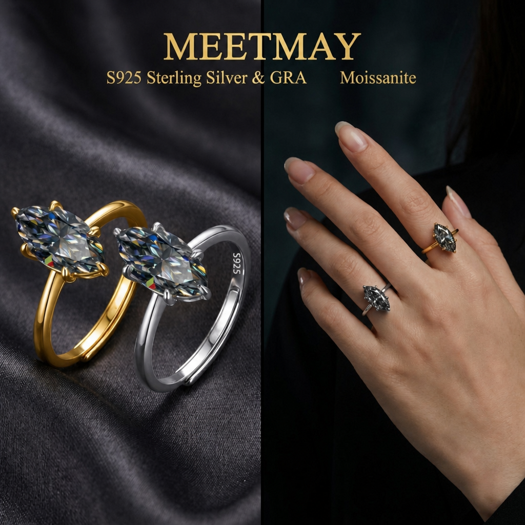 MEETMAY | Colorful Marquise-Cut Moissanite Adjustable Ring – S925 Sterling Silver 18K Gold Plated, GRA Certified