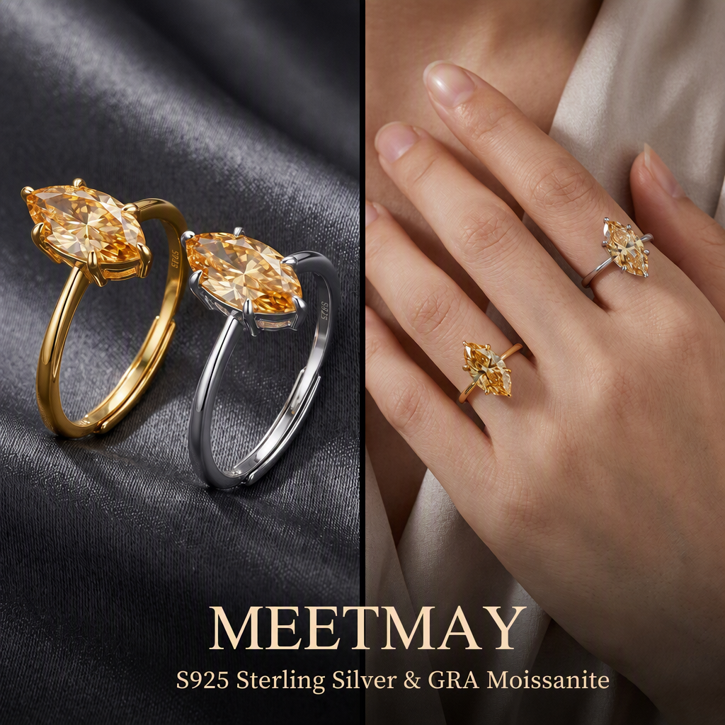 MEETMAY | Colorful Marquise-Cut Moissanite Adjustable Ring – S925 Sterling Silver 18K Gold Plated, GRA Certified