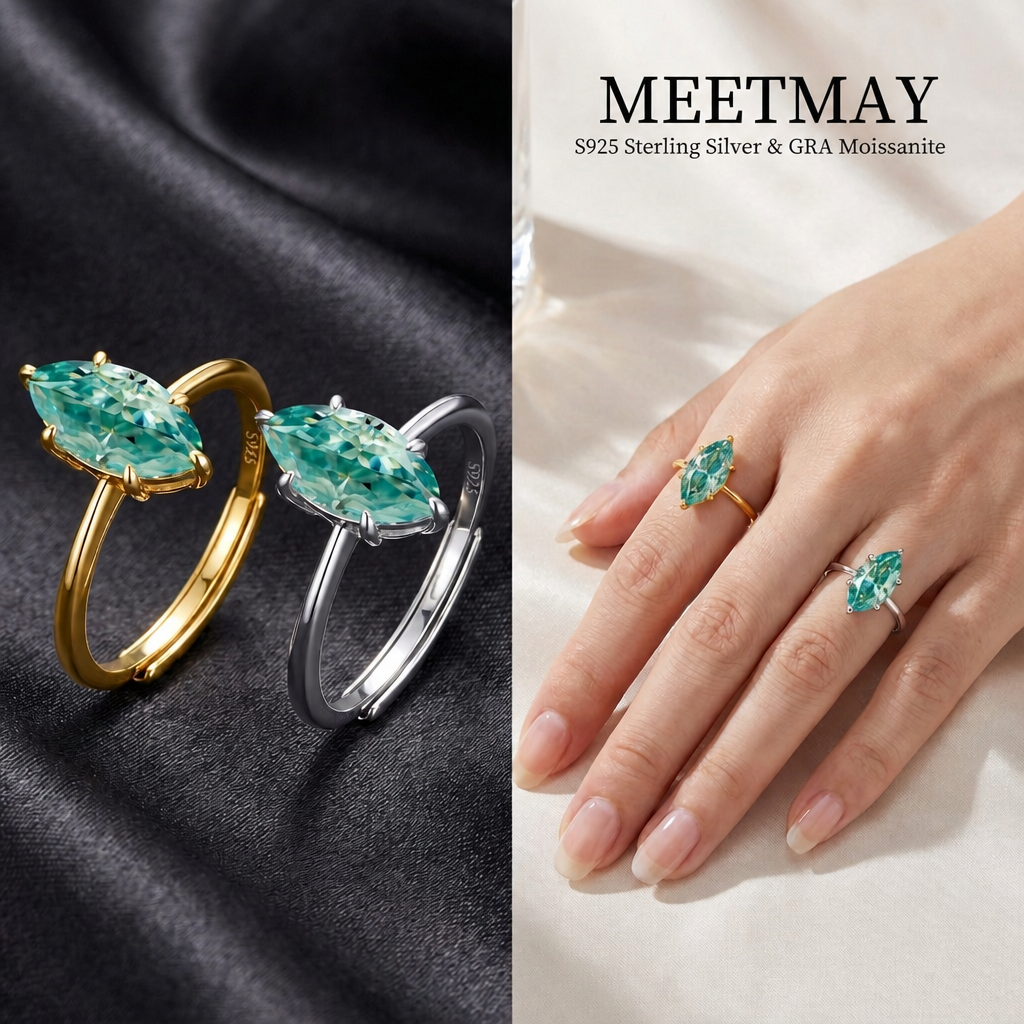 MEETMAY | Colorful Marquise-Cut Moissanite Adjustable Ring – S925 Sterling Silver 18K Gold Plated, GRA Certified