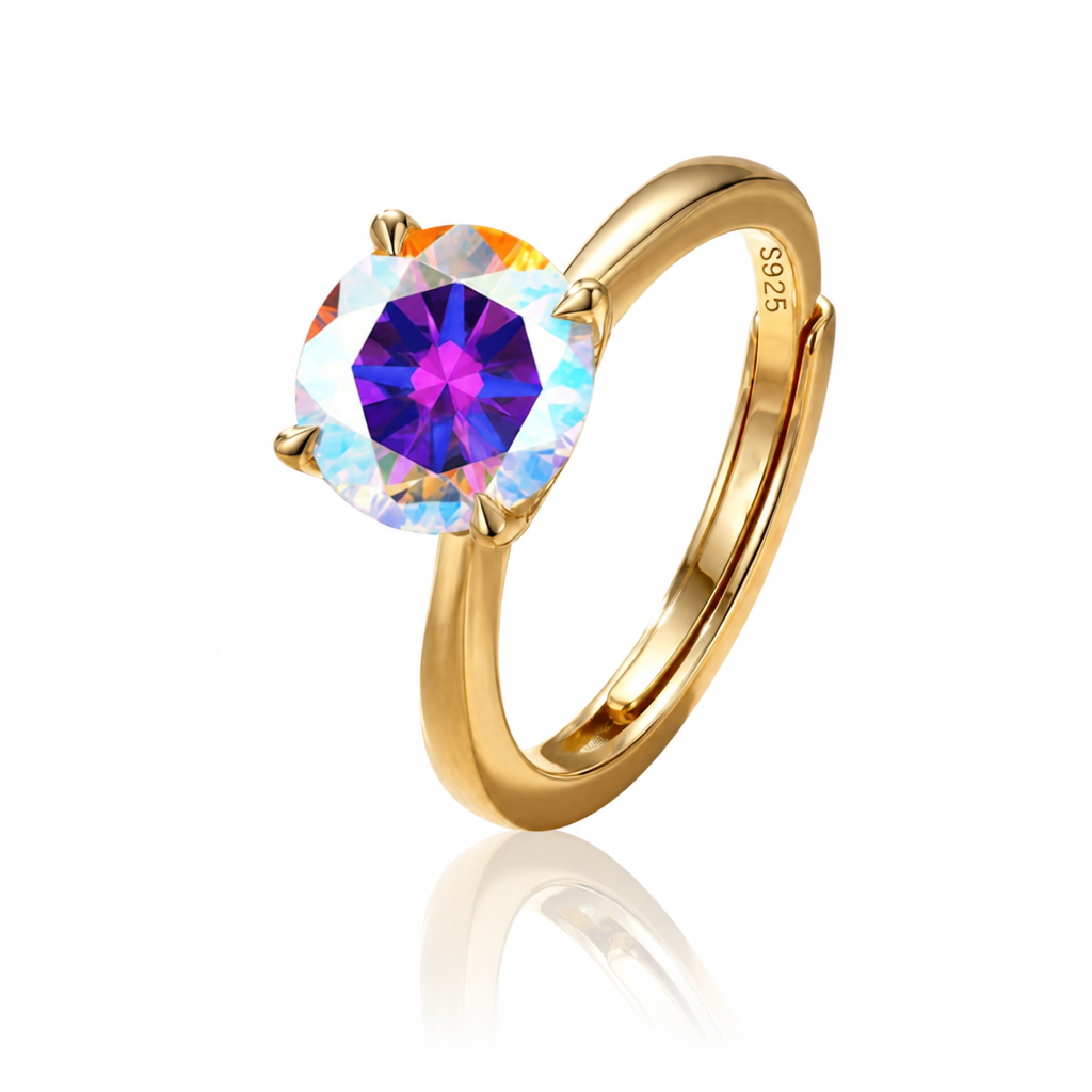 MEETMAY | Colorful Round-Cut Moissanite Adjustable Ring – S925 Sterling Silver 18K Gold Plated, GRA Certified