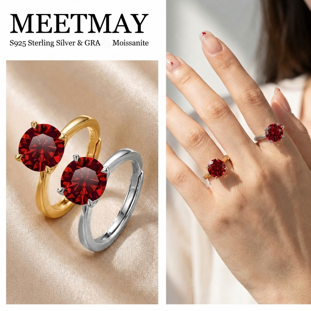 MEETMAY | Colorful Round-Cut Moissanite Adjustable Ring – S925 Sterling Silver 18K Gold Plated, GRA Certified