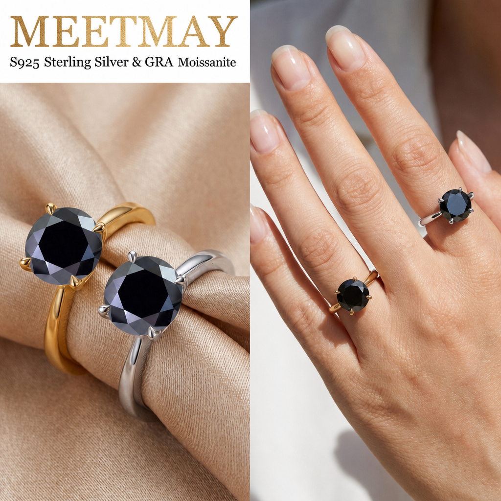 MEETMAY | Colorful Round-Cut Moissanite Adjustable Ring – S925 Sterling Silver 18K Gold Plated, GRA Certified