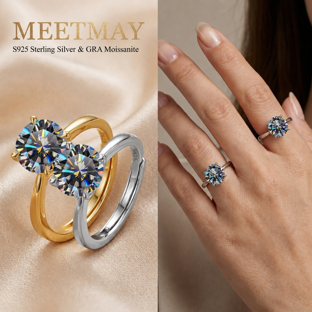 MEETMAY | Colorful Round-Cut Moissanite Adjustable Ring – S925 Sterling Silver 18K Gold Plated, GRA Certified