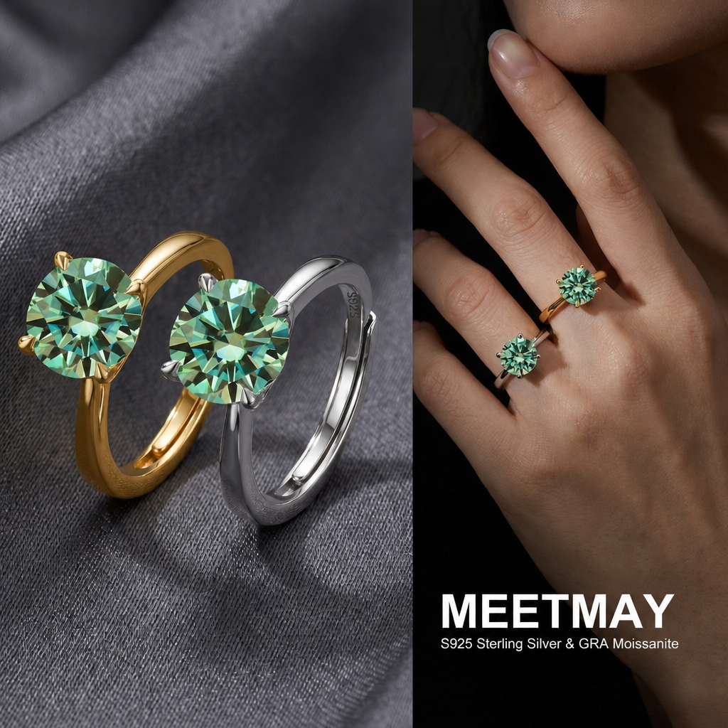 MEETMAY | Colorful Round-Cut Moissanite Adjustable Ring – S925 Sterling Silver 18K Gold Plated, GRA Certified