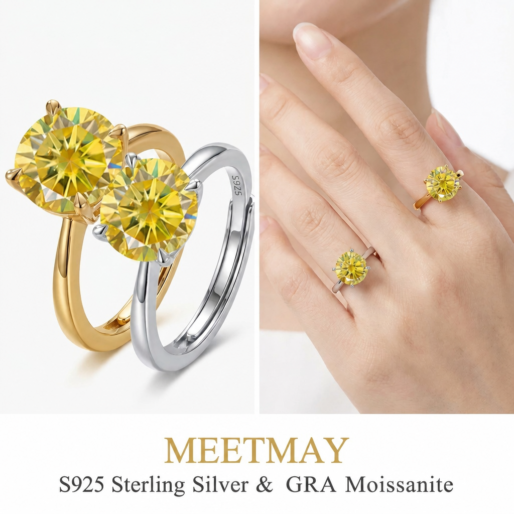 MEETMAY | Colorful Round-Cut Moissanite Adjustable Ring – S925 Sterling Silver 18K Gold Plated, GRA Certified