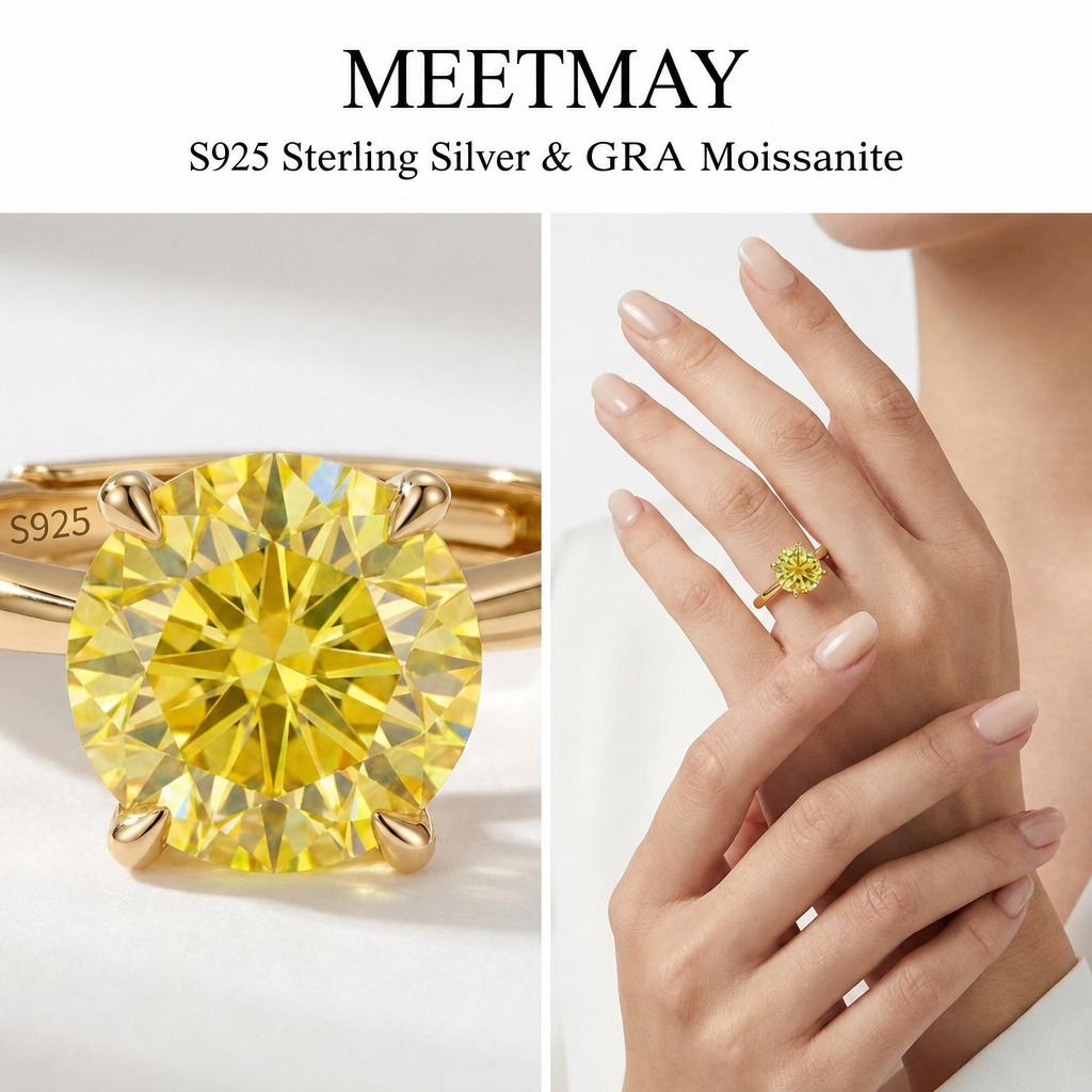 MEETMAY | Colorful Round-Cut Moissanite Adjustable Ring – S925 Sterling Silver 18K Gold Plated, GRA Certified