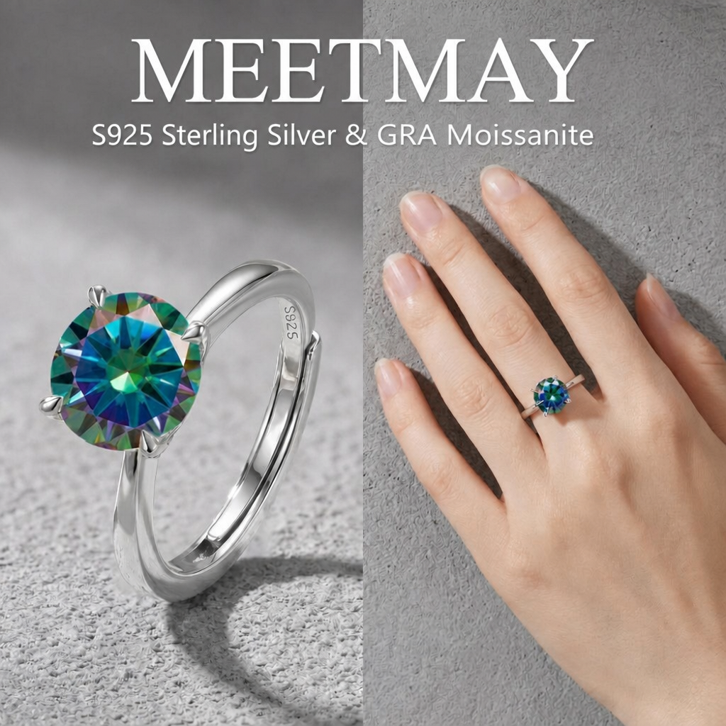 MEETMAY | Colorful Round-Cut Moissanite Adjustable Ring – S925 Sterling Silver 18K Gold Plated, GRA Certified