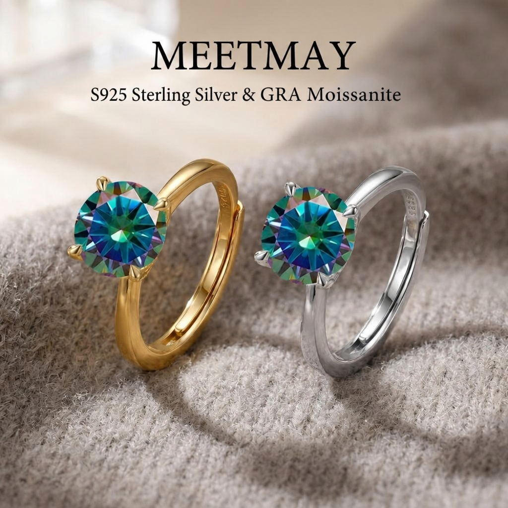 MEETMAY | Colorful Round-Cut Moissanite Adjustable Ring – S925 Sterling Silver 18K Gold Plated, GRA Certified