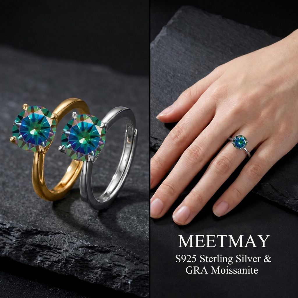 MEETMAY | Colorful Round-Cut Moissanite Adjustable Ring – S925 Sterling Silver 18K Gold Plated, GRA Certified