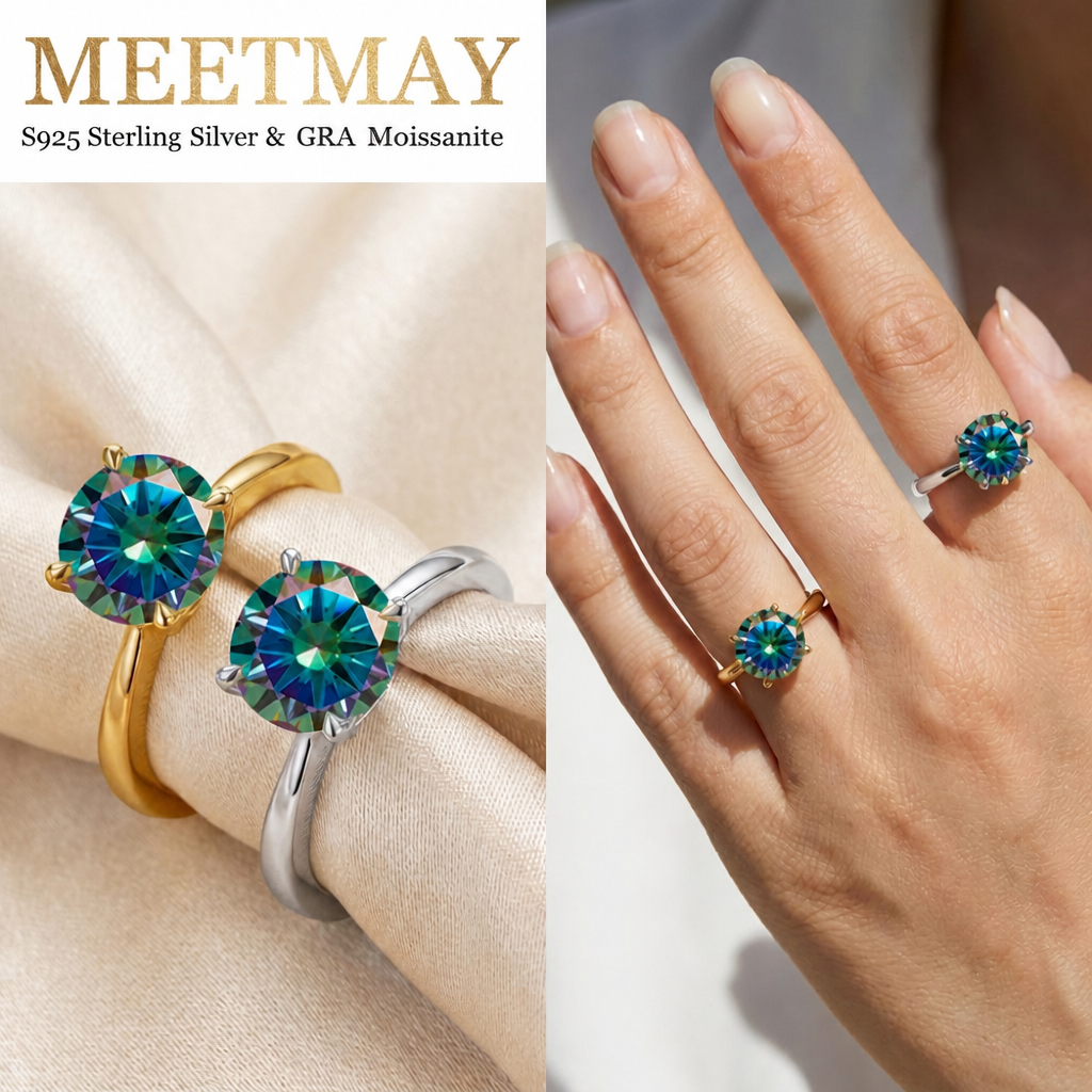 MEETMAY | Colorful Round-Cut Moissanite Adjustable Ring – S925 Sterling Silver 18K Gold Plated, GRA Certified