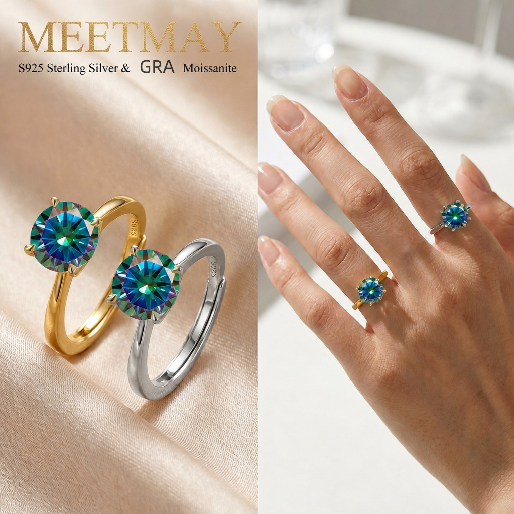 MEETMAY | Colorful Round-Cut Moissanite Adjustable Ring – S925 Sterling Silver 18K Gold Plated, GRA Certified