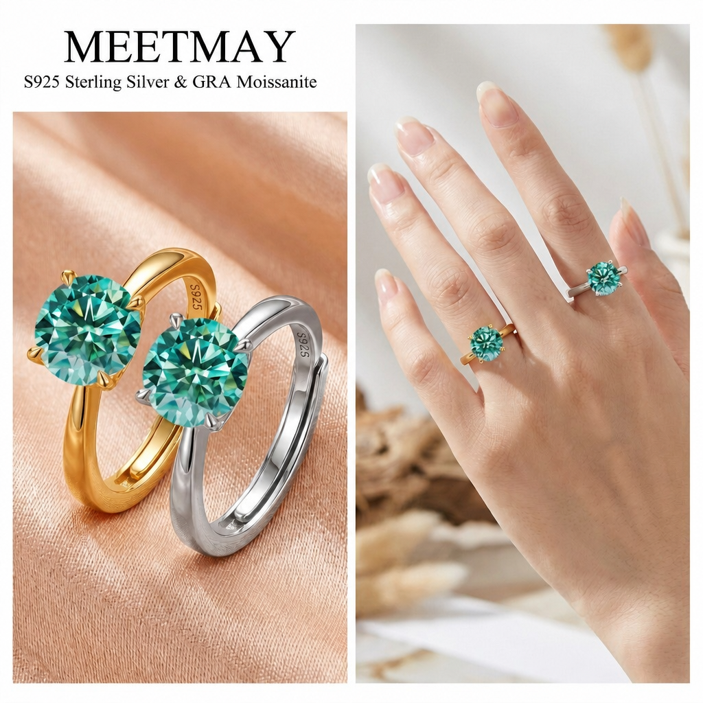 MEETMAY | Colorful Round-Cut Moissanite Adjustable Ring – S925 Sterling Silver 18K Gold Plated, GRA Certified
